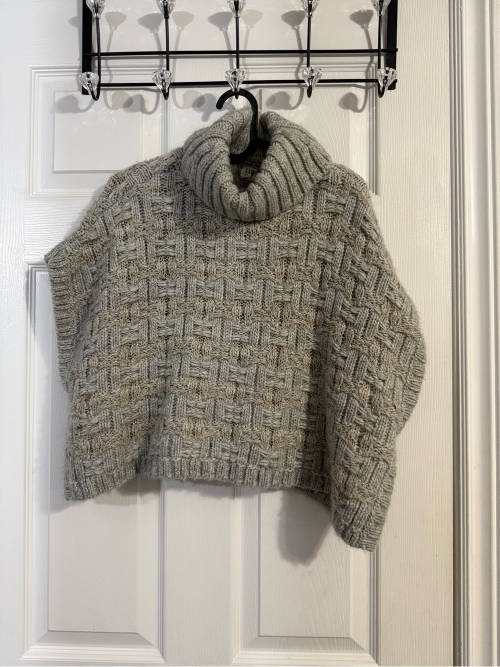 Turtleneck Basketweave Knit poncho sweater - Light Gray